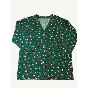 Christmas Themed Green Button-Up Scrub Jacket With Santa Hat Print Homemade